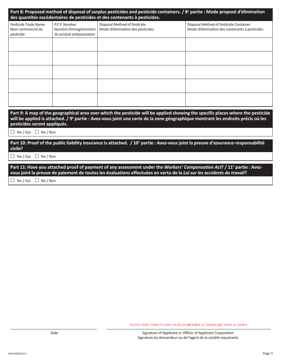 Form 1 (NWT8983) Application for a Pesticide Application Permit - Northwest Territories, Canada (English / French), Page 3