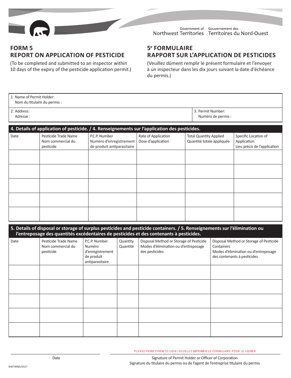 Form 5 (NWT8985) Report on Application of Pesticide - Northwest Territories, Canada (English / French), Page 1