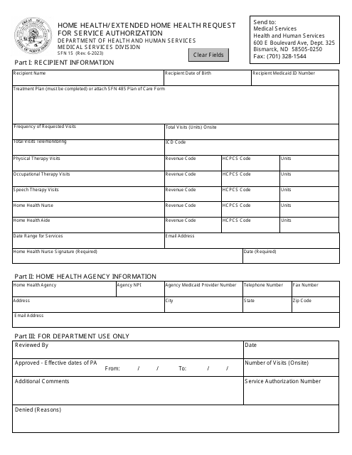 Form SFN15 Home Health/ Extended Home Health Request for Service Authorization - North Dakota