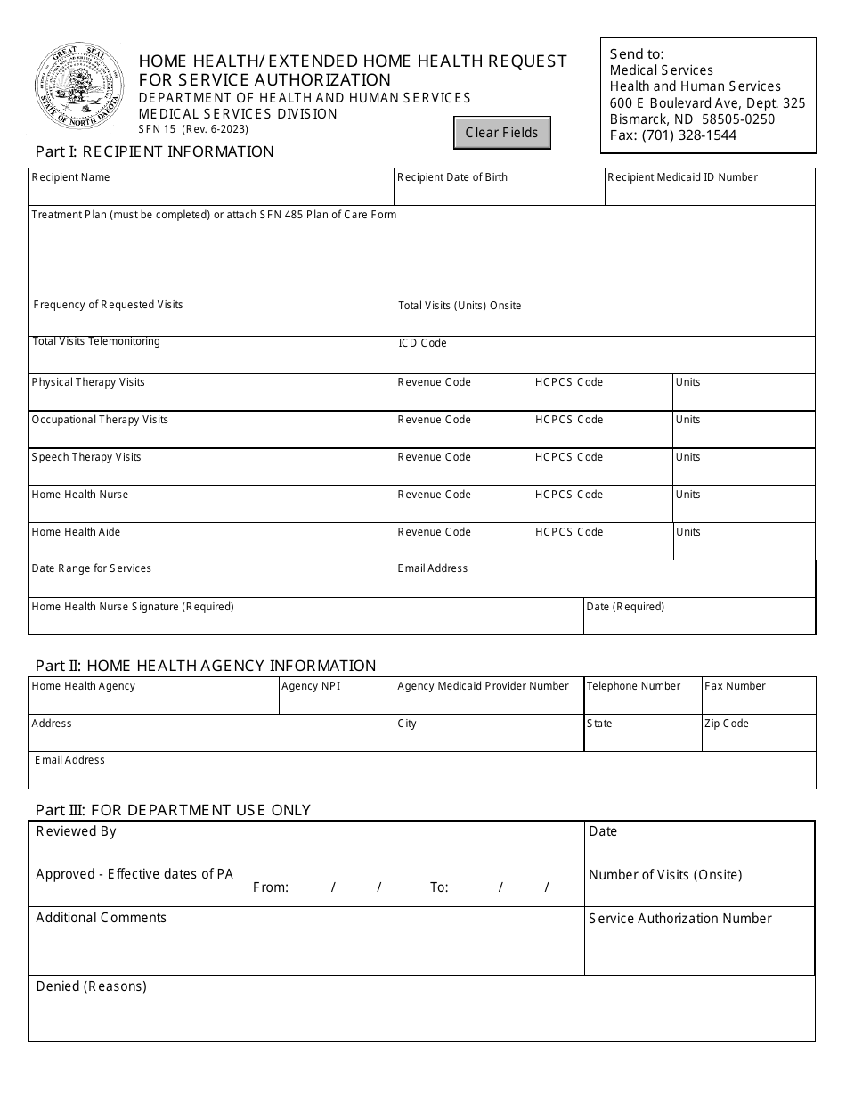 Form Sfn15 Download Fillable Pdf Or Fill Online Home Health Extended Home Health Request For 2557