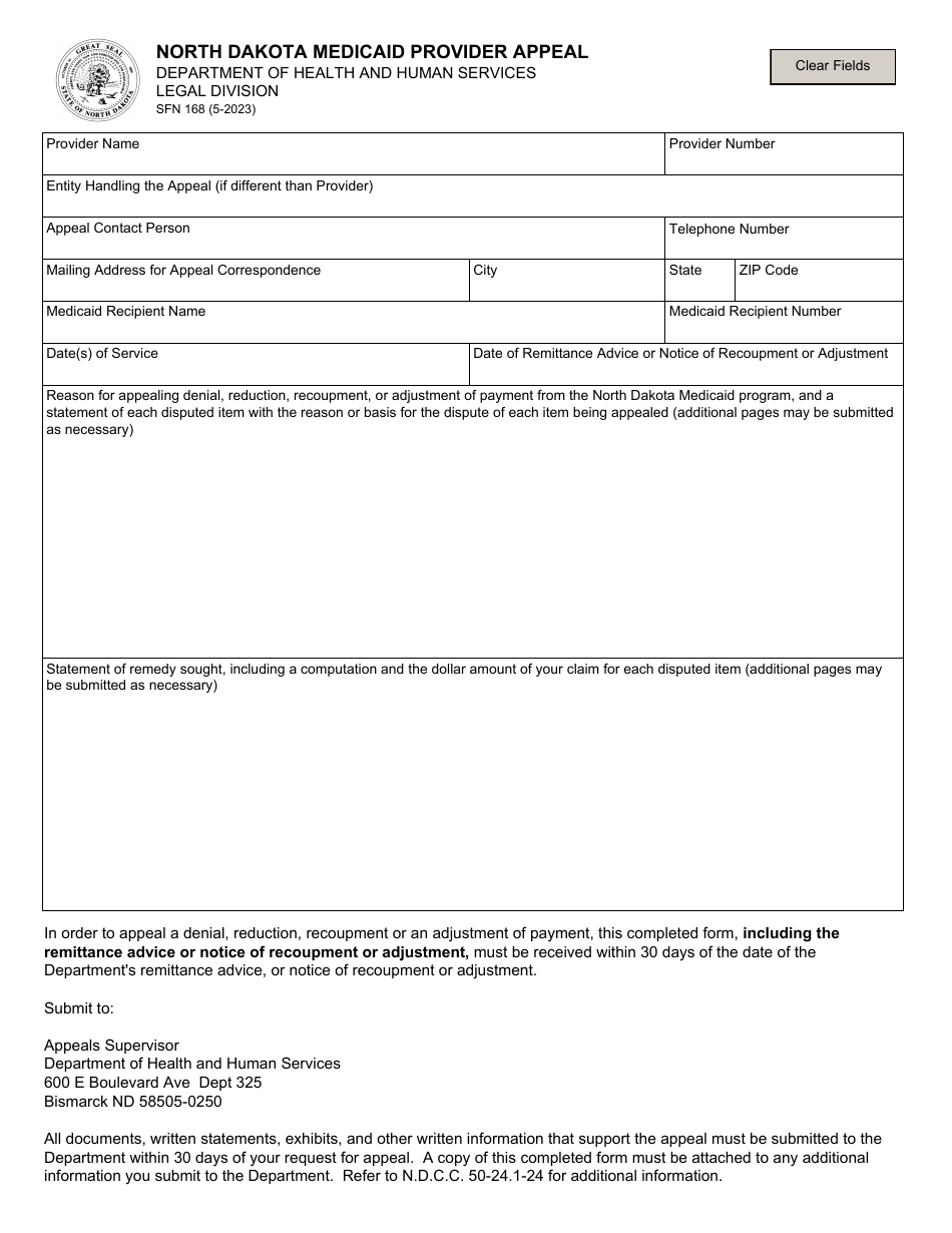 Form SFN168 North Dakota Medicaid Provider Appeal - North Dakota, Page 1