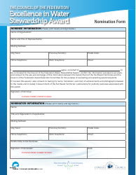Document preview: Excellence in Water Stewardship Award Nomination Form - Northwest Territories, Canada