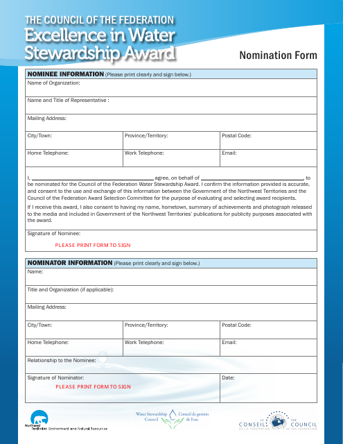 Excellence in Water Stewardship Award Nomination Form - Northwest Territories, Canada Download Pdf