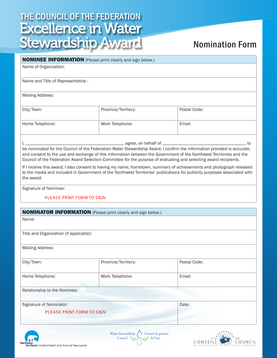 Excellence in Water Stewardship Award Nomination Form - Northwest Territories, Canada, Page 1