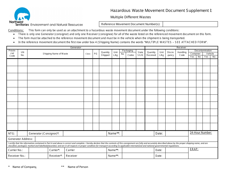 Supplement I Hazardous Waste Movement Document - Multiple Different Wastes - Northwest Territories, Canada, Page 1