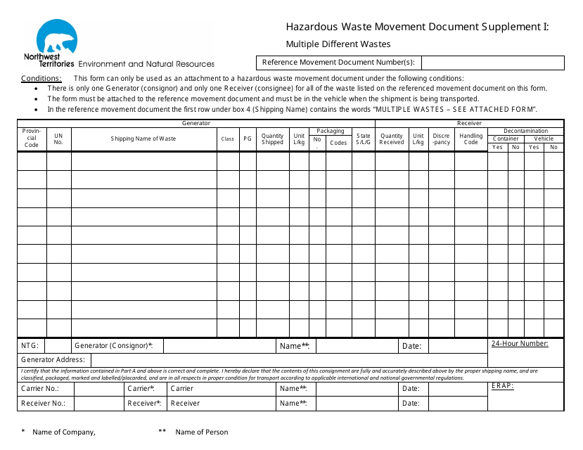 Supplement I Hazardous Waste Movement Document - Multiple Different Wastes - Northwest Territories, Canada