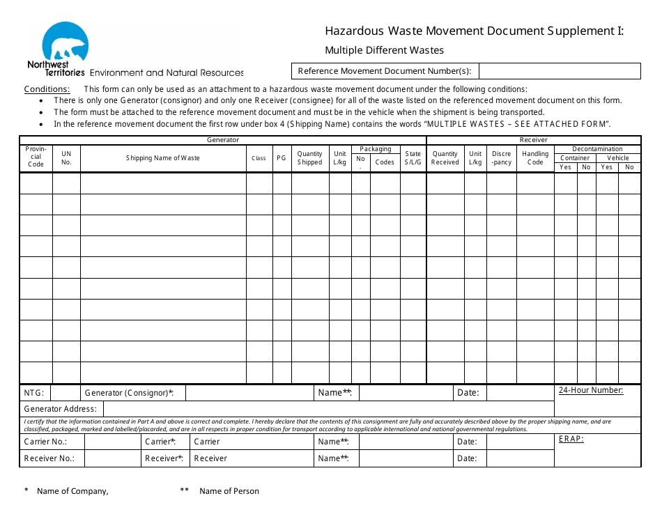 Northwest Territories Canada Hazardous Waste Movement Document ...