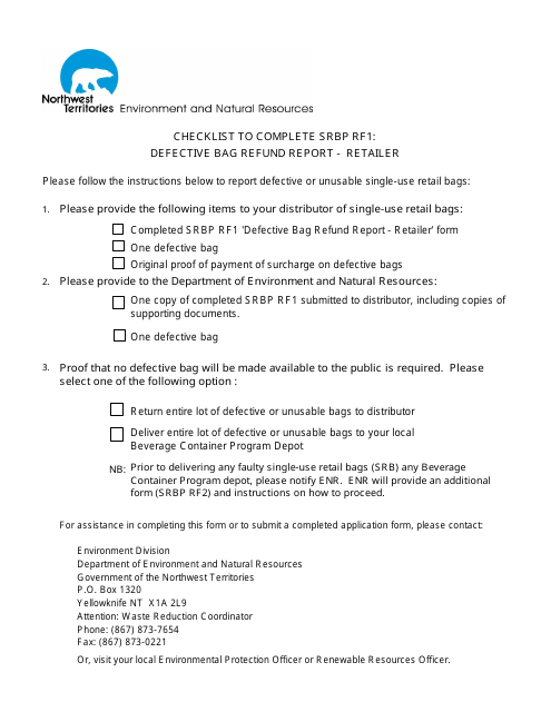 Form SRBP RF1 Defective Bag Refund Report - Retailer - Northwest Territories, Canada