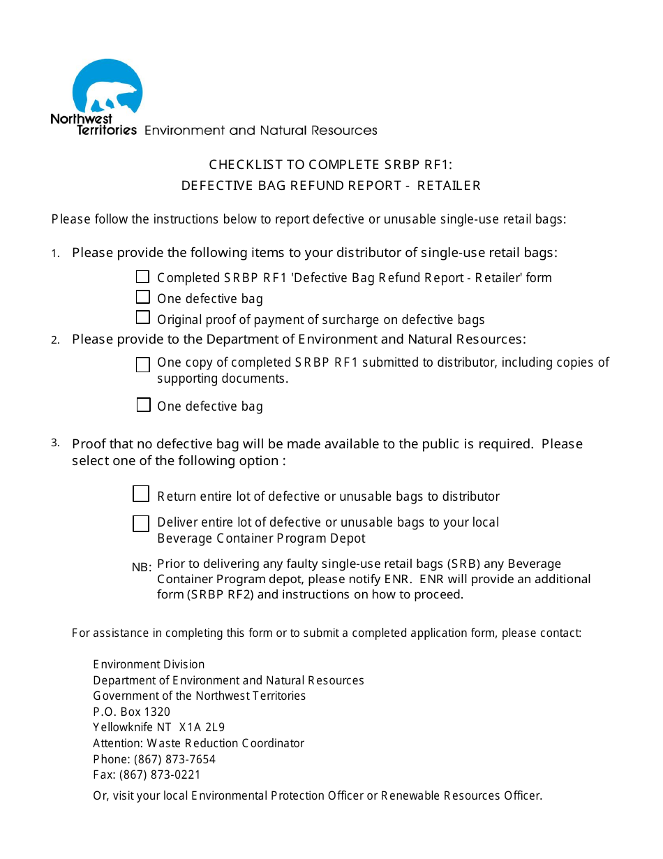 Form SRBP RF1 Defective Bag Refund Report - Retailer - Northwest Territories, Canada, Page 1