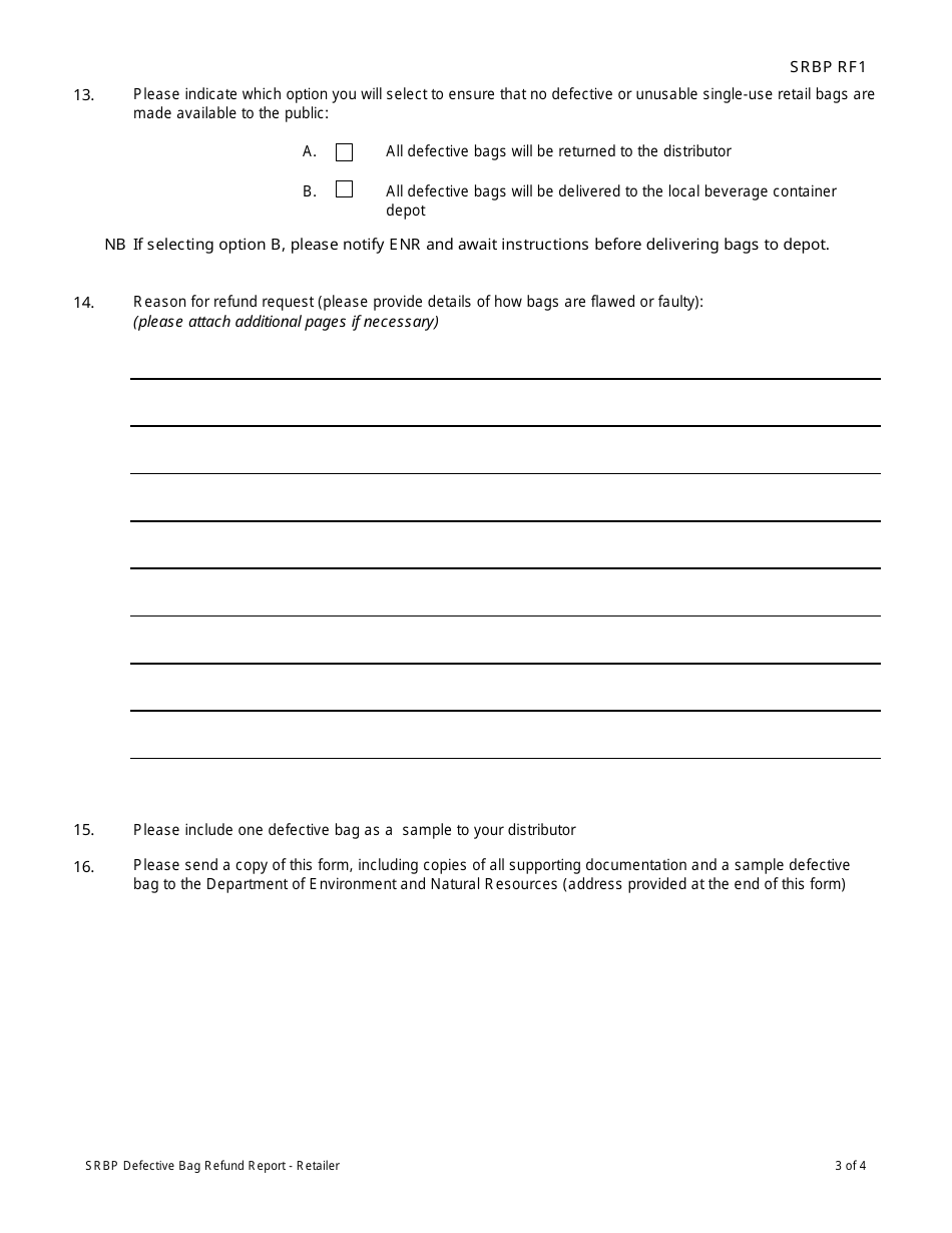Form SRBP RF1 Defective Bag Refund Report - Retailer - Northwest Territories, Canada, Page 3