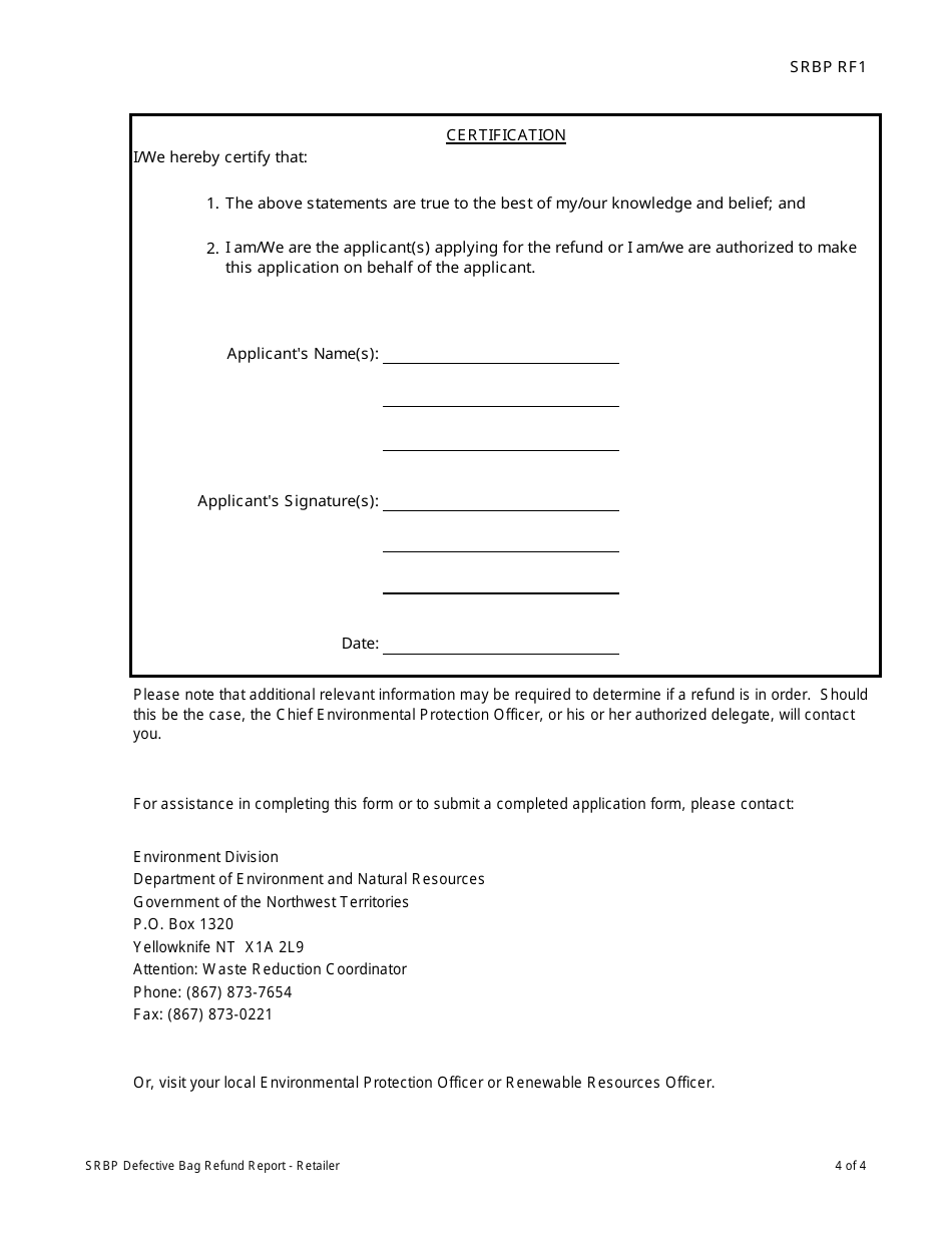 Form SRBP RF1 Defective Bag Refund Report - Retailer - Northwest Territories, Canada, Page 4