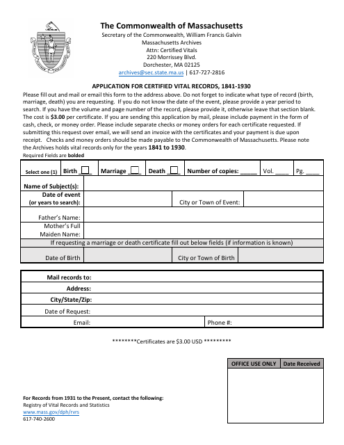 Application for Certified Vital Records, 1841-1930 - Massachusetts Download Pdf