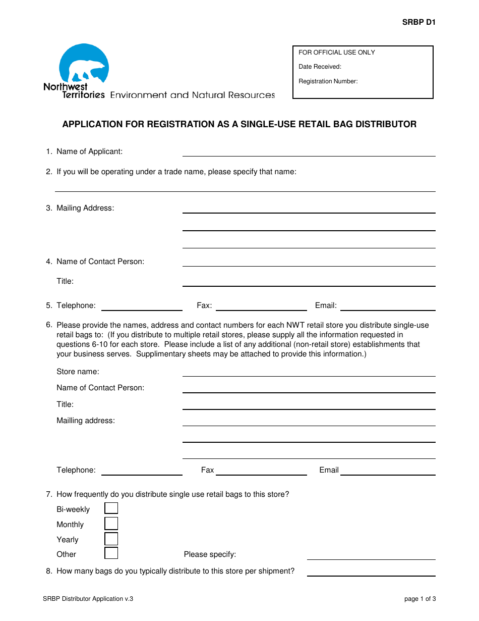 Form SRBP D1 Application for Registration as a Single-Use Retail Bag Distributor - Northwest Territories, Canada, Page 1