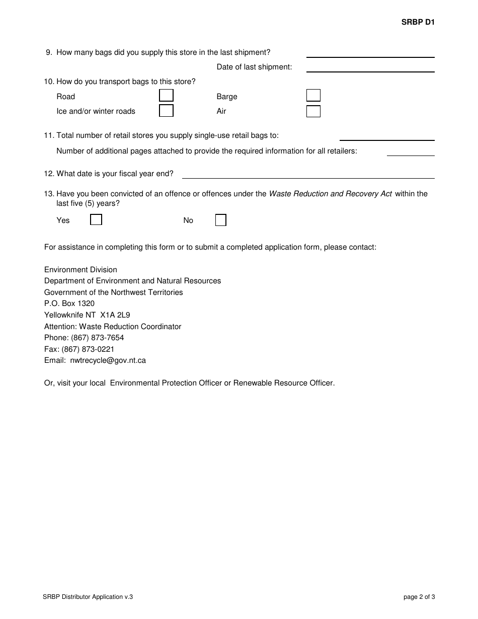 Form SRBP D1 Application for Registration as a Single-Use Retail Bag Distributor - Northwest Territories, Canada, Page 2