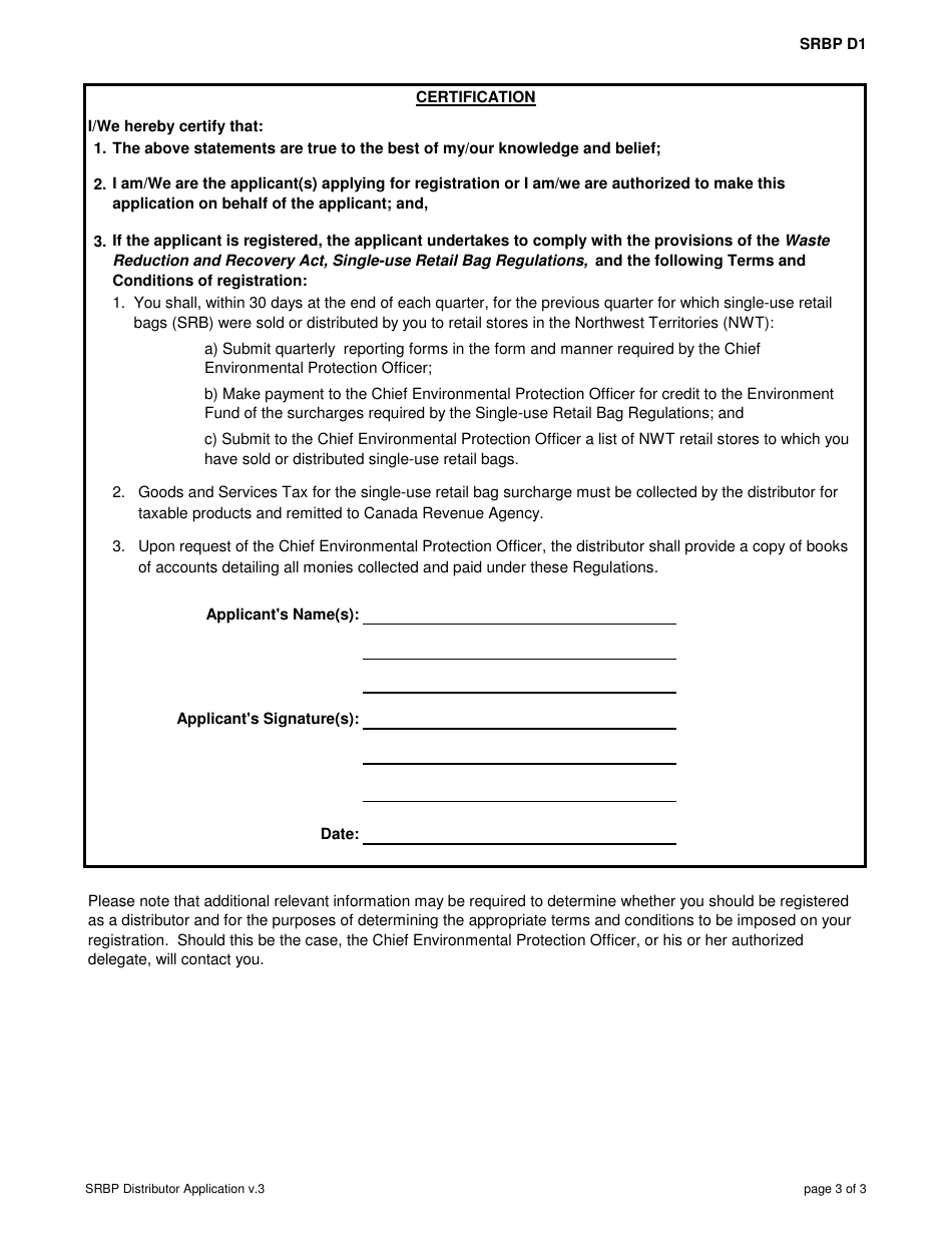 Form SRBP D1 Application for Registration as a Single-Use Retail Bag Distributor - Northwest Territories, Canada, Page 3