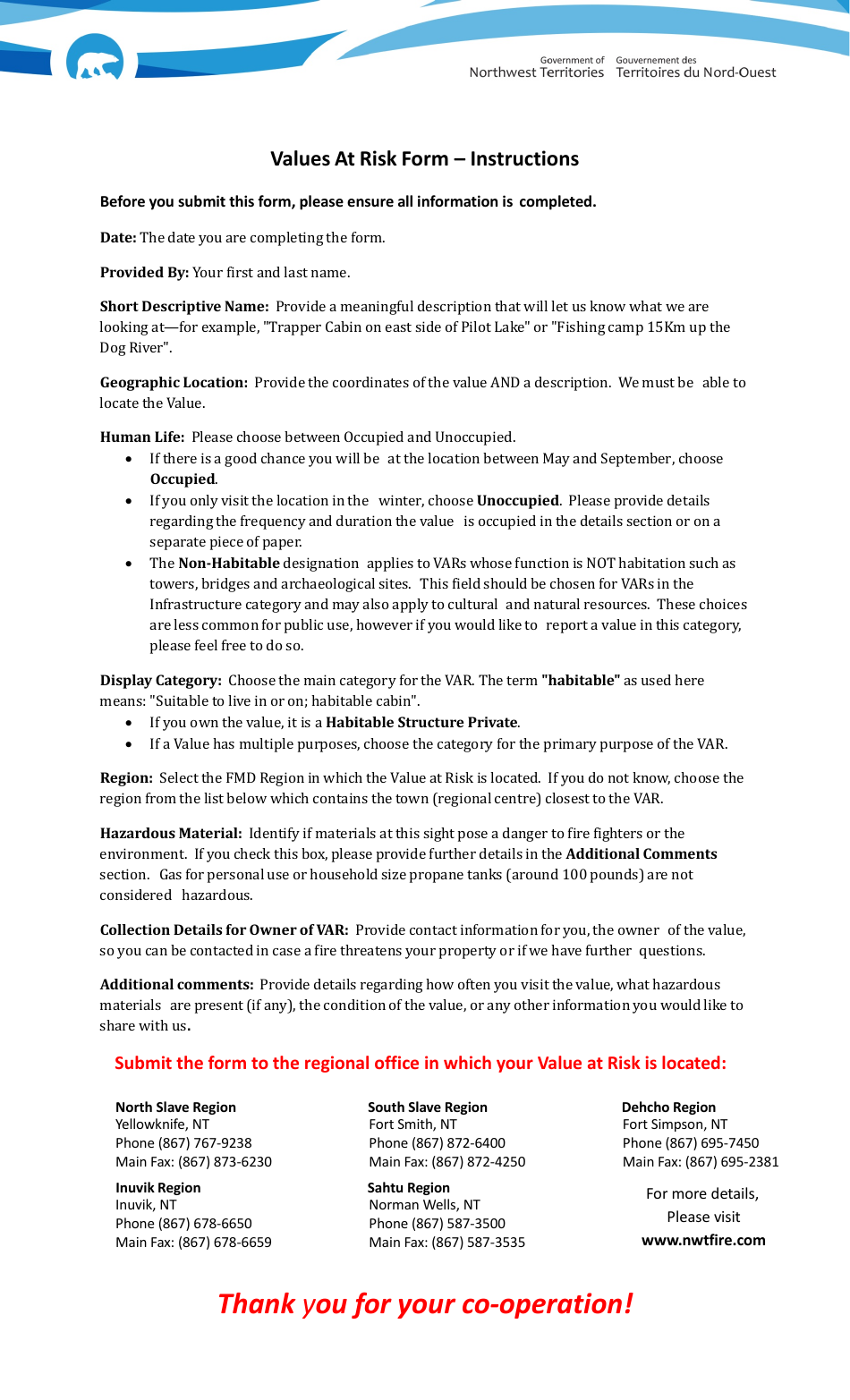 Values at Risk Form - Northwest Territories, Canada, Page 2