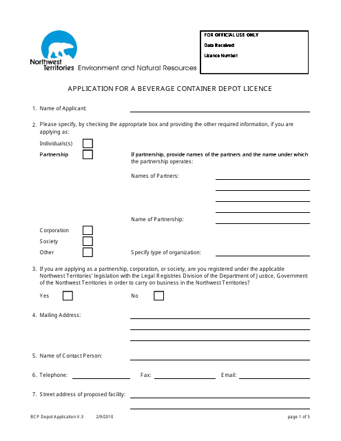 Application for a Beverage Container Depot Licence - Northwest Territories, Canada Download Pdf