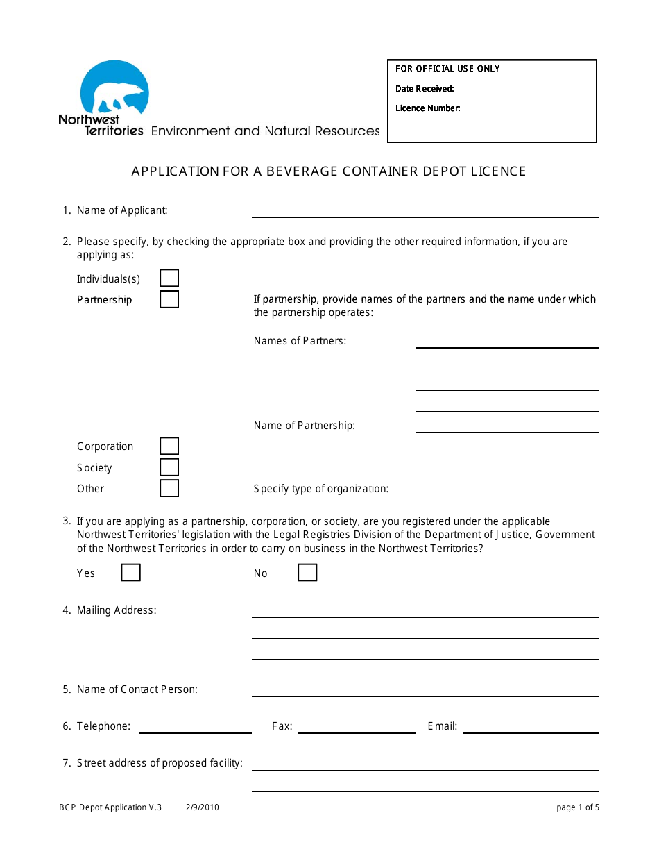 Application for a Beverage Container Depot Licence - Northwest Territories, Canada, Page 1