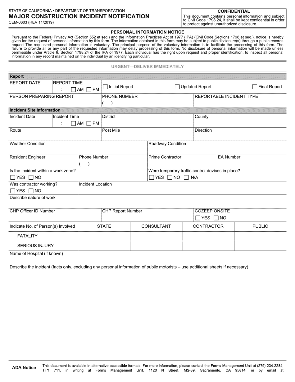 Form CEM-0603 Download Fillable PDF or Fill Online Major Construction ...