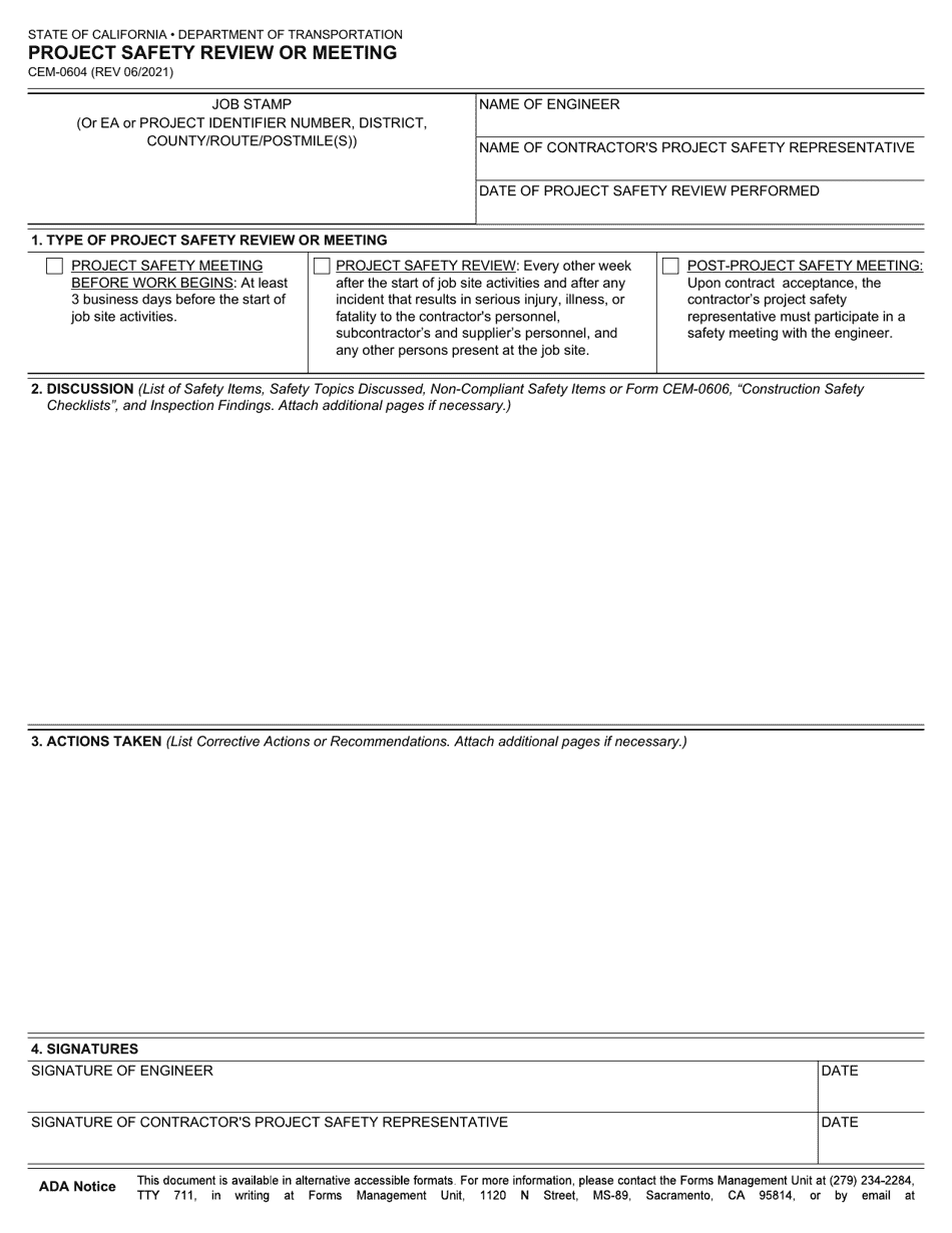 Form CEM-0604 Project Safety Review or Meeting - California, Page 1