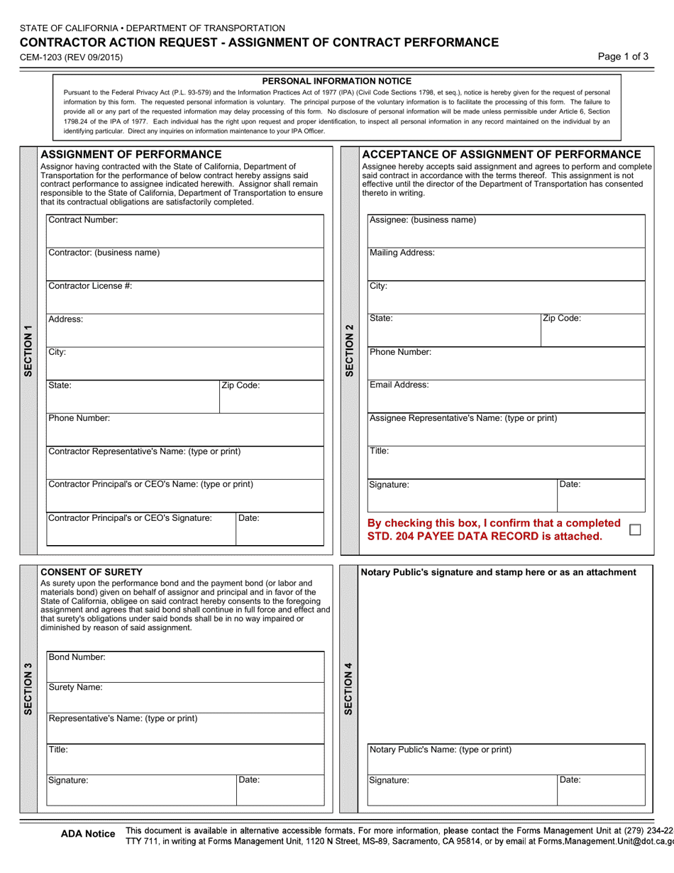 Form CEM-1203 Contractor Action Request - Assignment of Contract Performance - California, Page 1