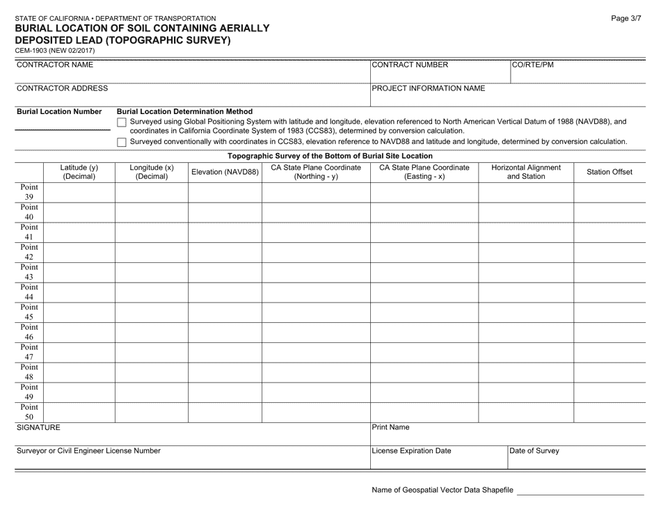 Form CEM-1903 Burial Location of Soil Containing Aerially Deposited Lead (Topographic Survey) - California, Page 3