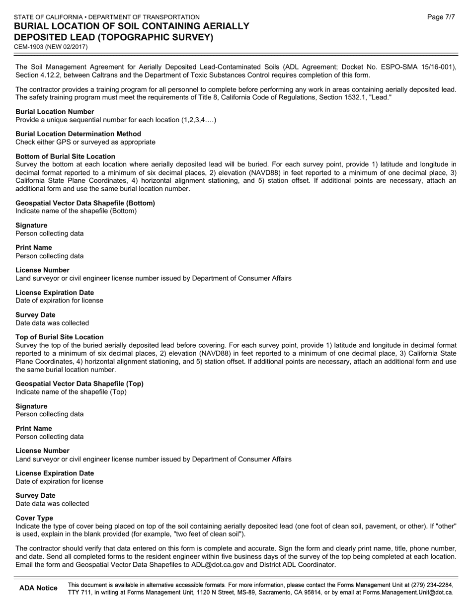 Form CEM-1903 Burial Location of Soil Containing Aerially Deposited Lead (Topographic Survey) - California, Page 7