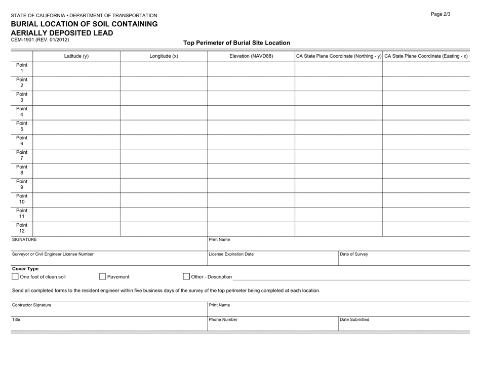 Form CEM-1901 Burial Location of Soil Containing Aerially Deposited Lead - California, Page 2