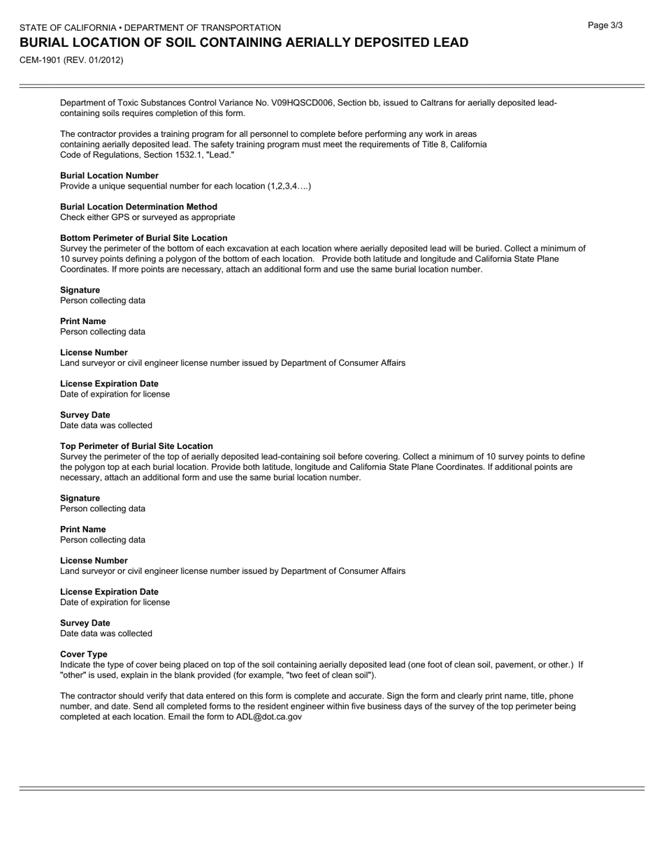 Form CEM-1901 Burial Location of Soil Containing Aerially Deposited Lead - California, Page 3