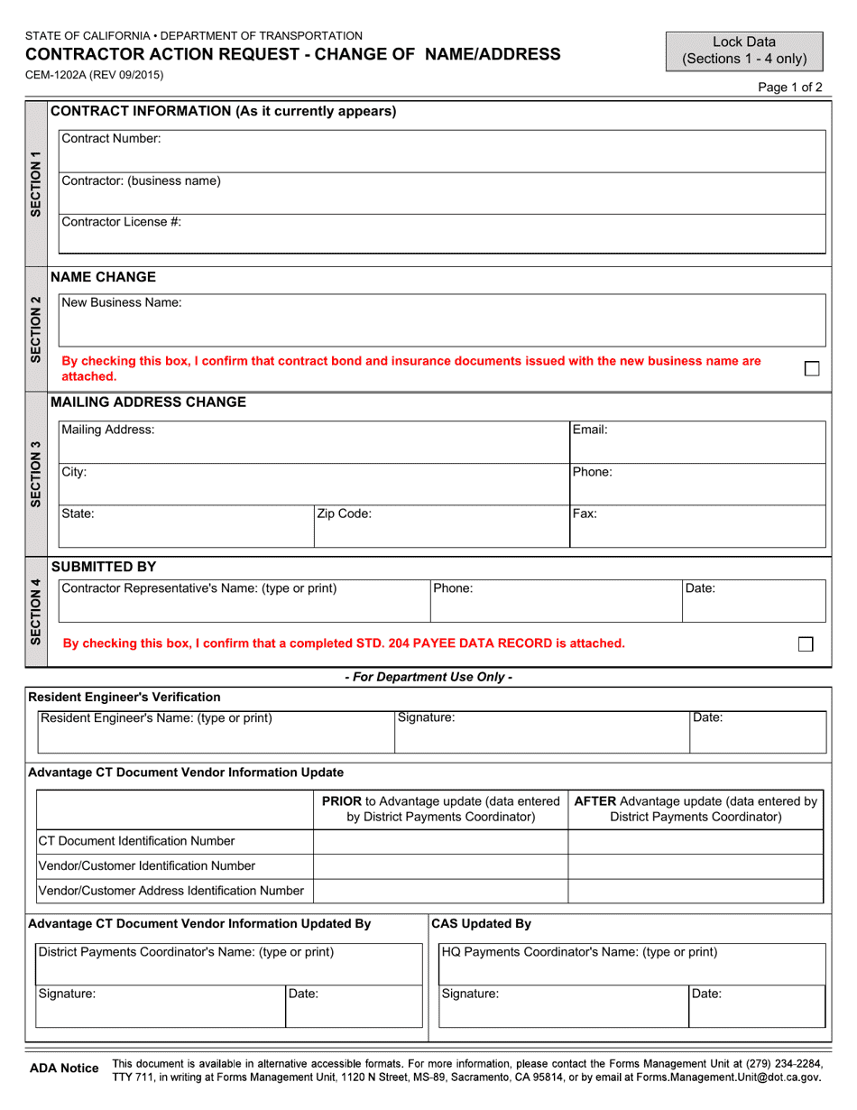 Form CEM-1202A Contractor Action Request - Change of Name / Address - California, Page 1