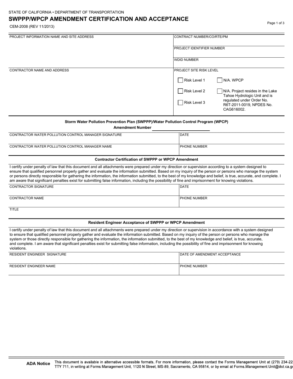 Form CEM-2008 Swppp / Wpcp Amendment Certification and Acceptance - California, Page 1