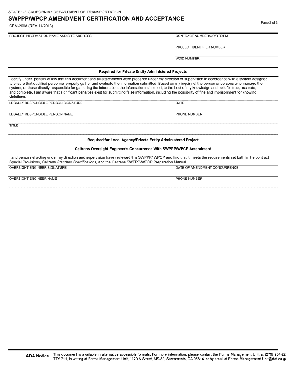 Form CEM-2008 Swppp / Wpcp Amendment Certification and Acceptance - California, Page 2