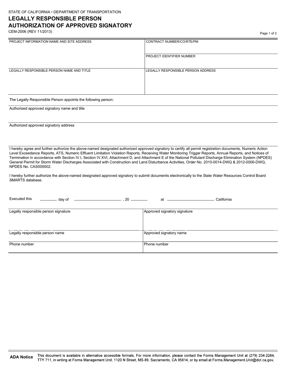 Form CEM-2006 Legally Responsible Person Authorization of Approved Signatory - California, Page 1