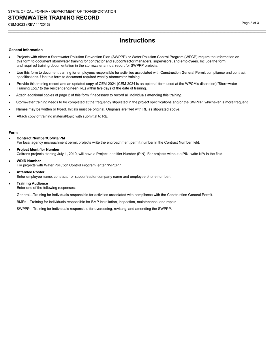 Form CEM-2023 Stormwater Training Record - California, Page 3