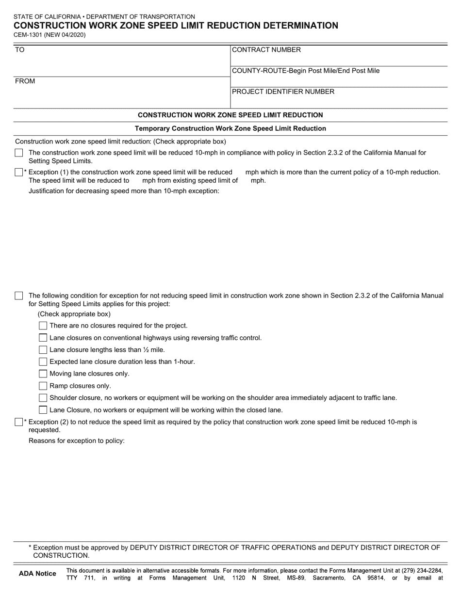 Form CEM-1301 Construction Work Zone Speed Limit Reduction Determination - California, Page 1