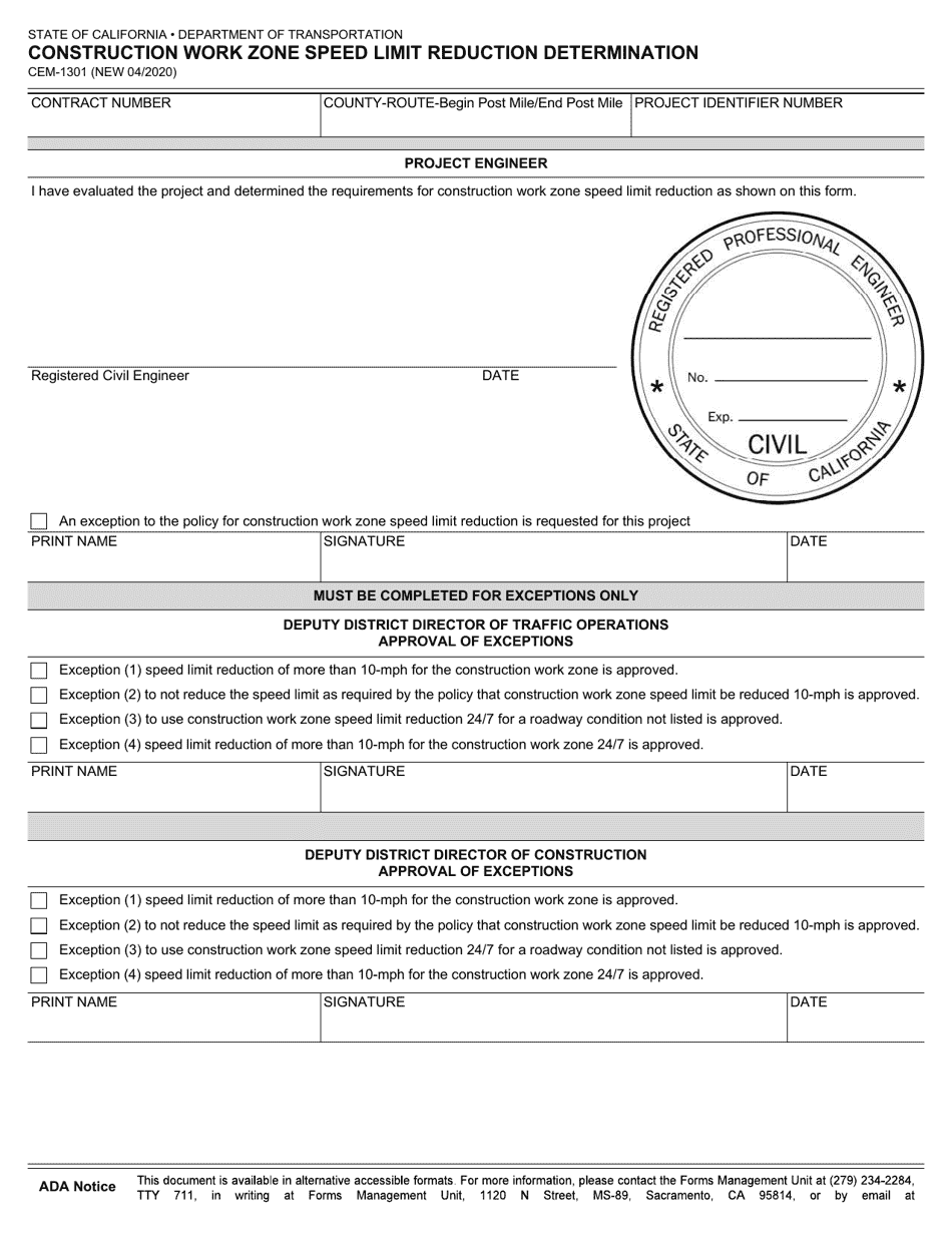 Form CEM-1301 Construction Work Zone Speed Limit Reduction Determination - California, Page 5