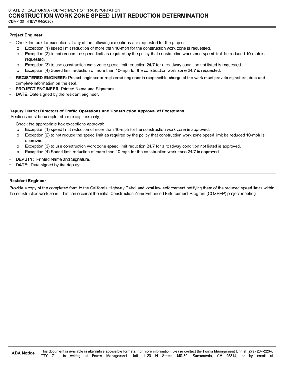 Form CEM-1301 Construction Work Zone Speed Limit Reduction Determination - California, Page 7