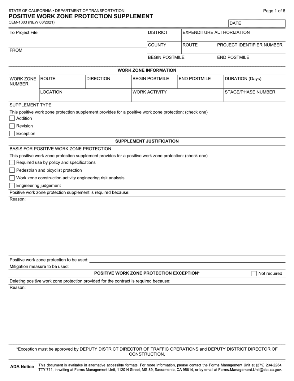 Form CEM-1303 Positive Work Zone Protection Supplement - California, Page 1