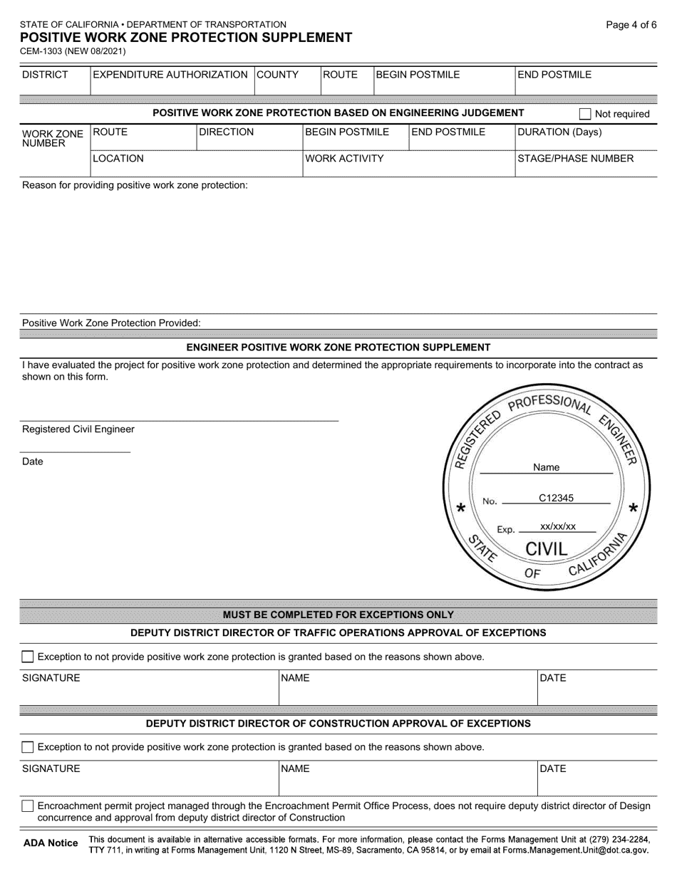 Form CEM-1303 Positive Work Zone Protection Supplement - California, Page 4