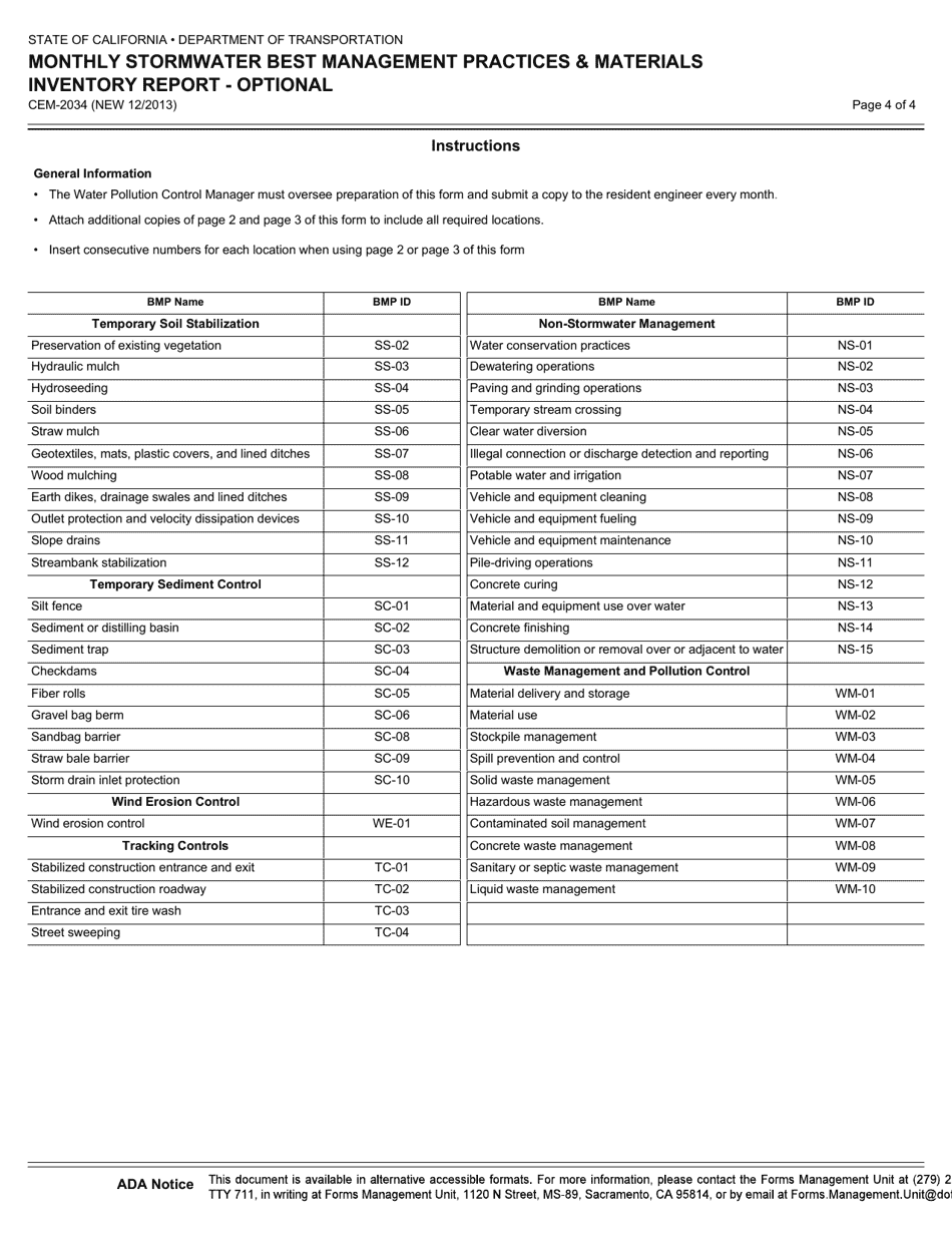 Form CEM-2034 Monthly Stormwater Best Management Practices  Materials Inventory Report - Optional - California, Page 4