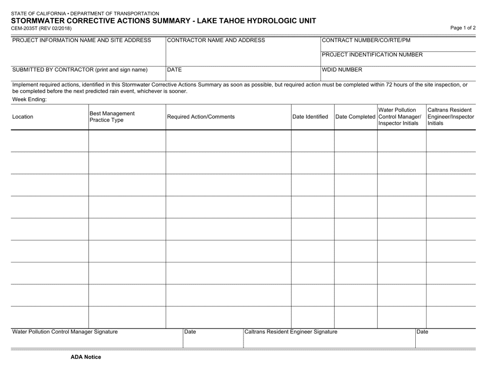Form CEM-2035T Stormwater Corrective Actions Summary - Lake Tahoe Hydrologic Unit - California, Page 1