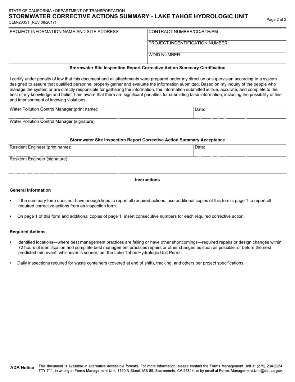 Form CEM-2035T Stormwater Corrective Actions Summary - Lake Tahoe Hydrologic Unit - California, Page 2