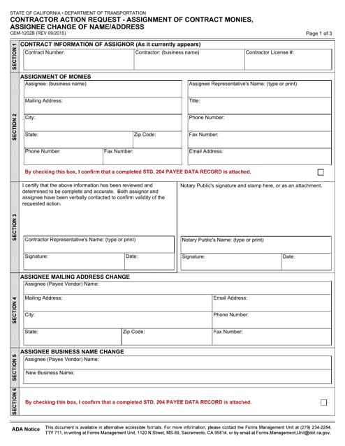 Form CEM-1202B Contractor Action Request - Assignment of Contract Monies, Assignee Change of Name/Address - California