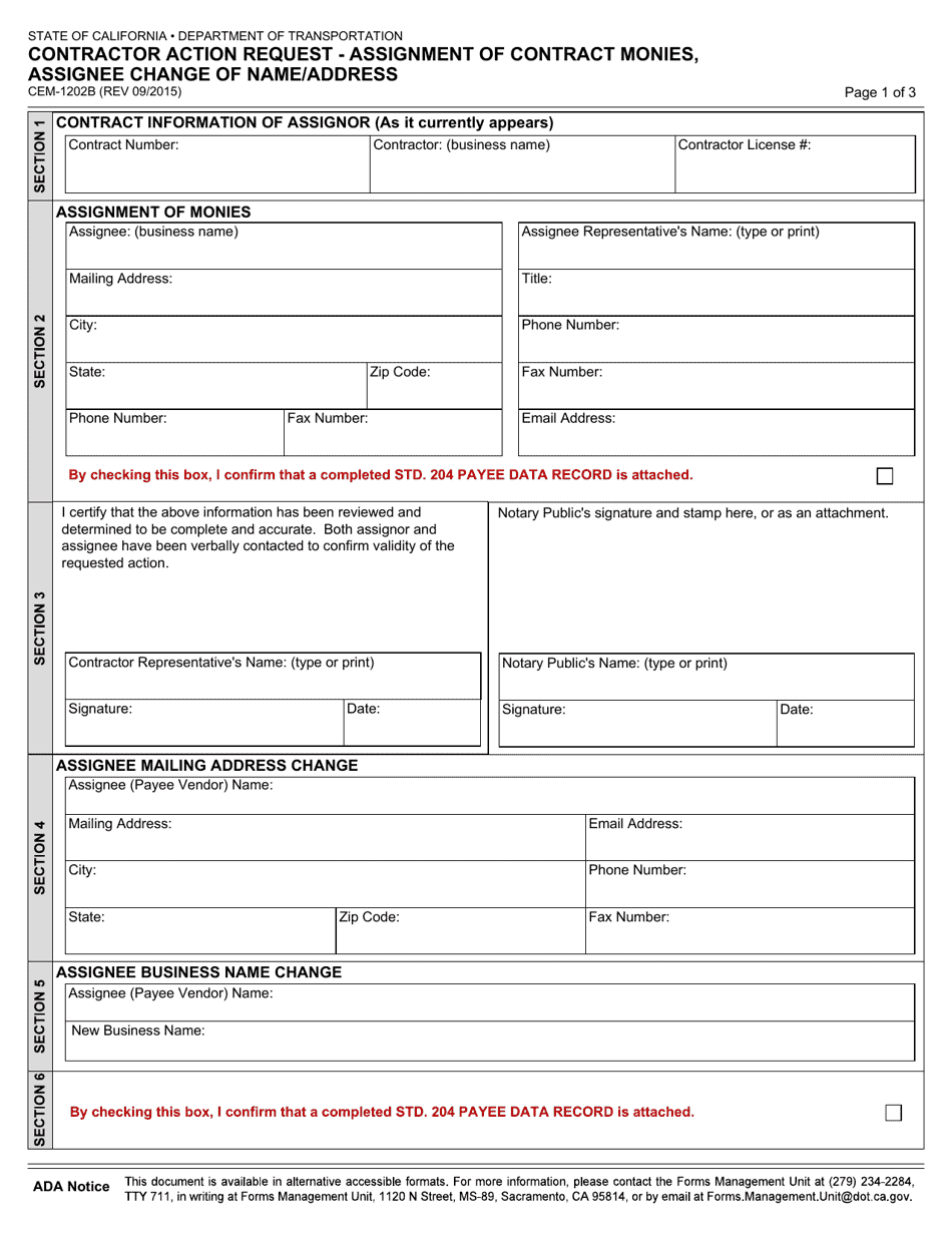 Form CEM-1202B Contractor Action Request - Assignment of Contract Monies, Assignee Change of Name / Address - California, Page 1