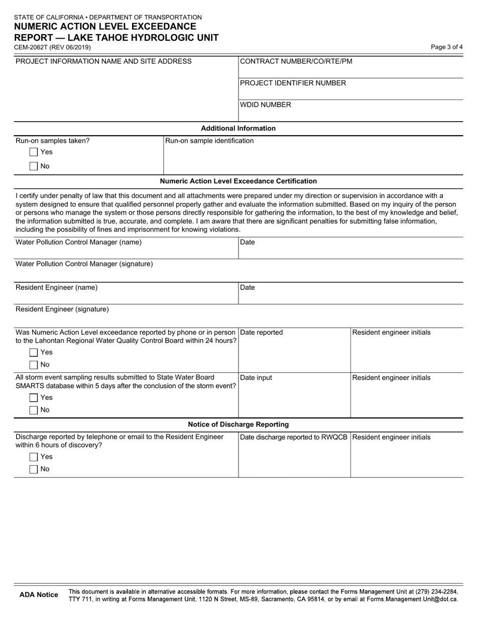 Form CEM-2062T Numeric Action Level Exceedance Report - Lake Tahoe Hydrologic Unit - California, Page 3