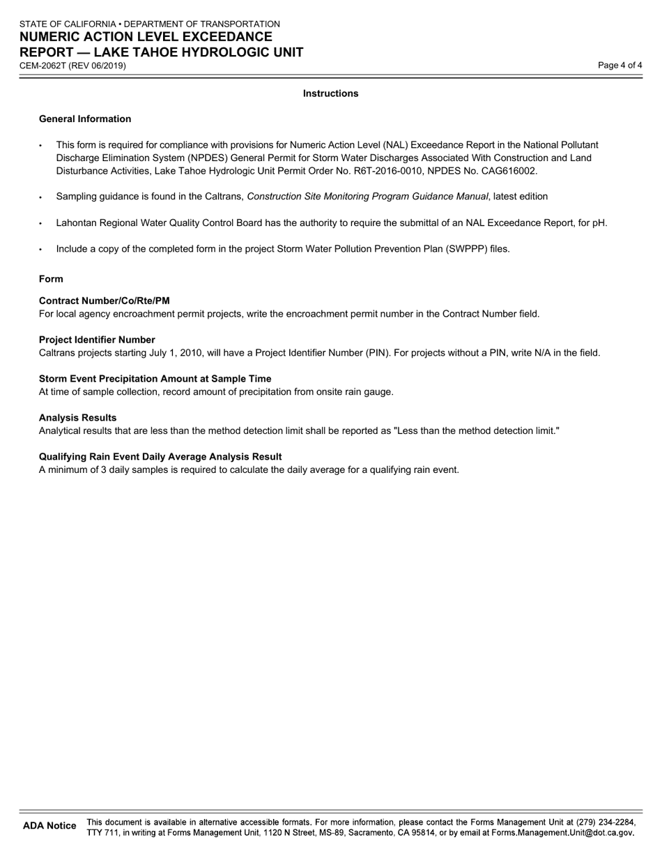 Form CEM-2062T Numeric Action Level Exceedance Report - Lake Tahoe Hydrologic Unit - California, Page 4