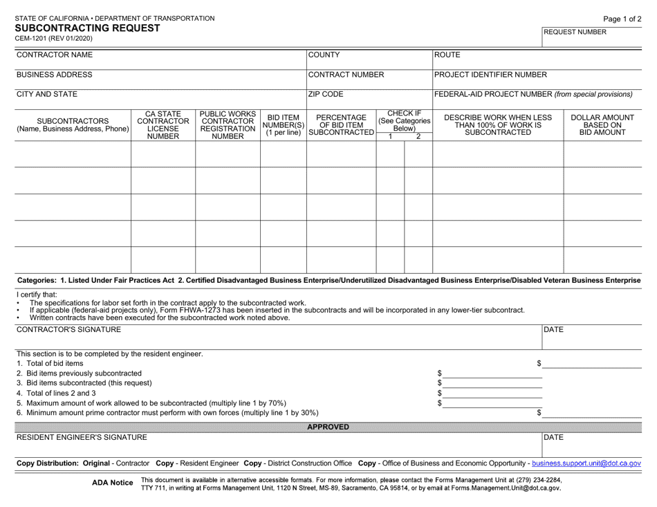 Form CEM-1201 Subcontracting Request - California, Page 1