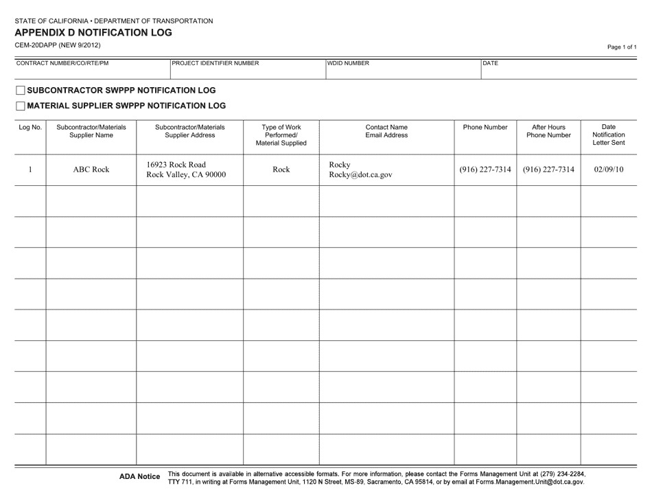 Form CEM-20DAPP Appendix D Notification Log - California, Page 1