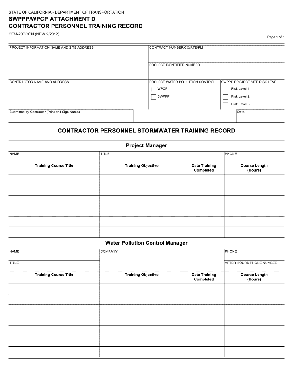 Form CEM-20DCON Attachment D Contractor Personnel Training Record - California, Page 1