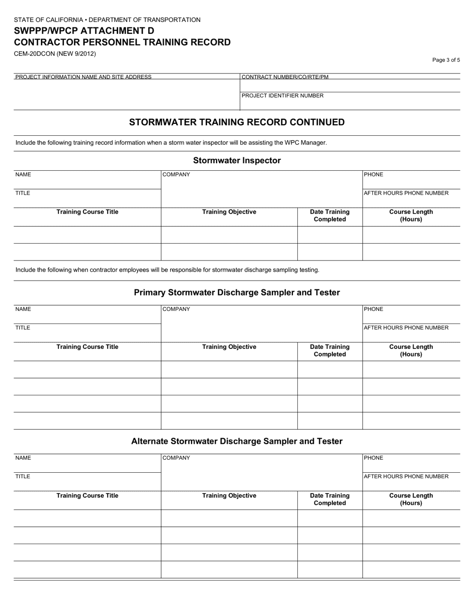 Form CEM-20DCON Attachment D Contractor Personnel Training Record - California, Page 3
